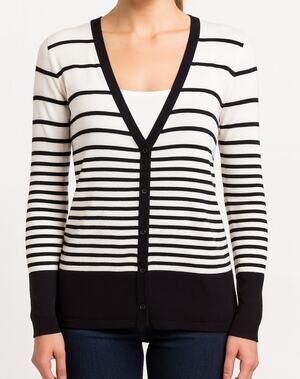 Audrey & Grace Womens Large Black White Stripe Cardigan Sweater V Neck